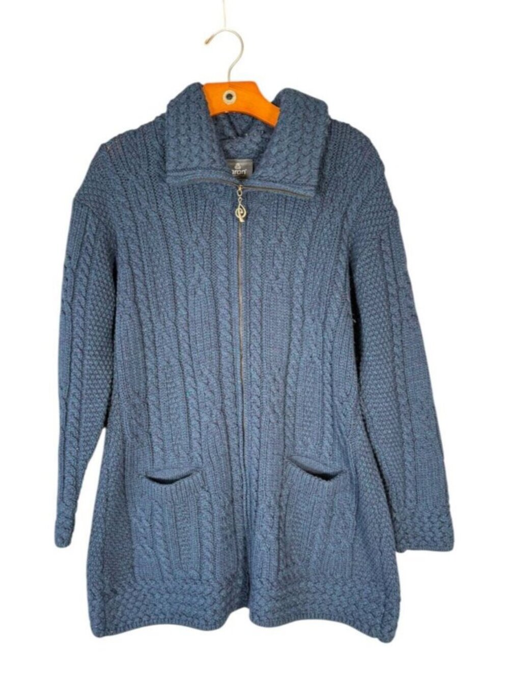 Aran Sweater Market Cable Knit Zip Cardigan Blue Purple Merino Wool  L